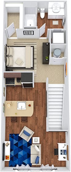 The Henley 3D. Studio apartment. Kitchen with bartop open to living room. 1 full bathroom. Walk-in closet. 1st floor entry.