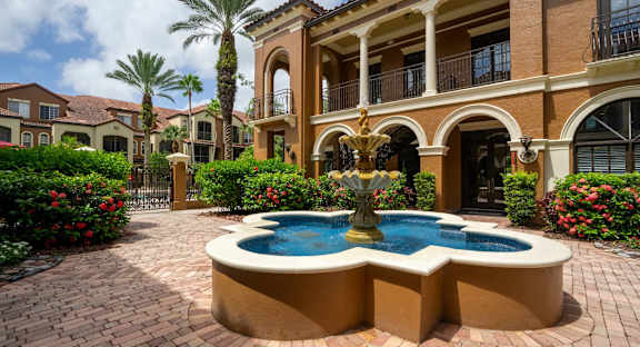 Tranquil courtyard with decorative fountain and lush greenery.