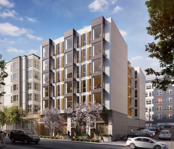 an artist rendering of a proposed apartment building on a city street