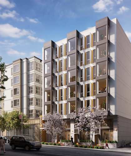 an artist rendering of a proposed apartment building on a city street