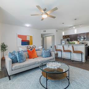 a living room with a couch and a coffee table