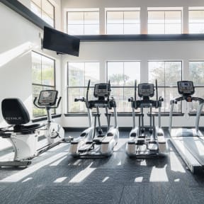 six treadmills in a gym with windows