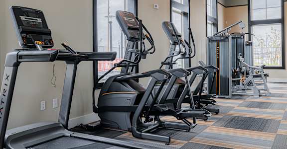 a row of treadmills and exercise machines in a fitness room