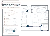 Thumbnail 4 of 22 - A floor plan for a house with a living room, two bedrooms, a den, and a balcony.