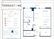 Thumbnail 10 of 22 - A floor plan for a house named The Terrastone Lake Charles shows a living room, kitchen, and two bedrooms.