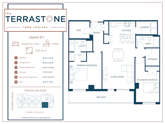 A floor plan for a house with a living room, two bedrooms, a den, and a balcony.