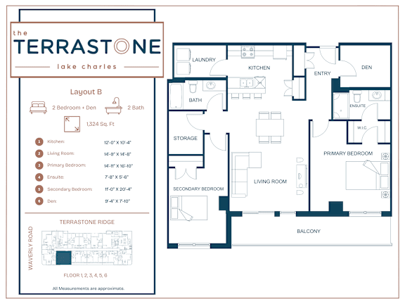 A floor plan for a property called The Terrastone Lake Charles shows the layout of the rooms and their dimensions.
