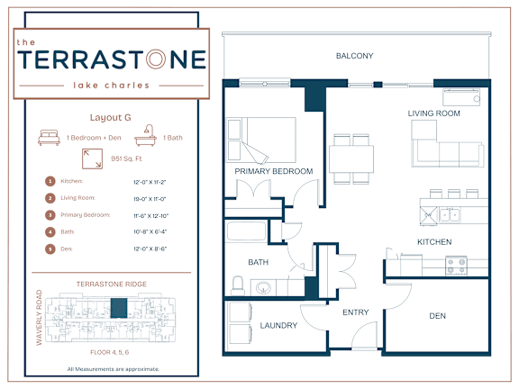 A floor plan for a house named The Terrastone Lake Charles shows a living room, kitchen, and two bedrooms.