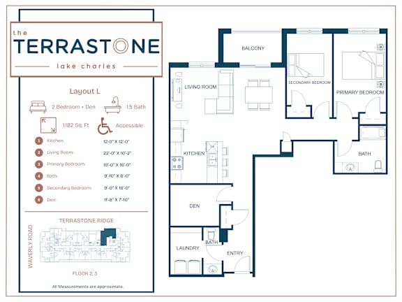 A floor plan for a home with a living room, kitchen, and two bedrooms.