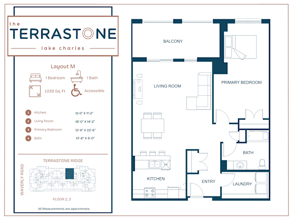 A floor plan for a property called The Terrastone Lake Charles shows a living room, kitchen, and bathroom.