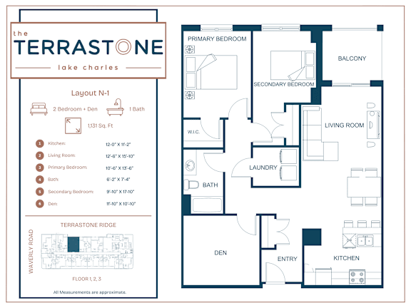A floor plan for a house with a living room, dining room, kitchen, and two bedrooms.