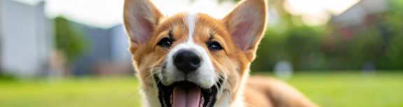 A happy Corgi dog is lying on the grass with its tongue out.