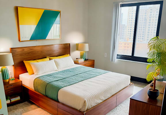 A bedroom with a large bed and a painting above it.