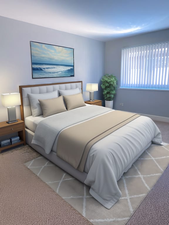 A bedroom with a bed, nightstands, and a painting on the wall.