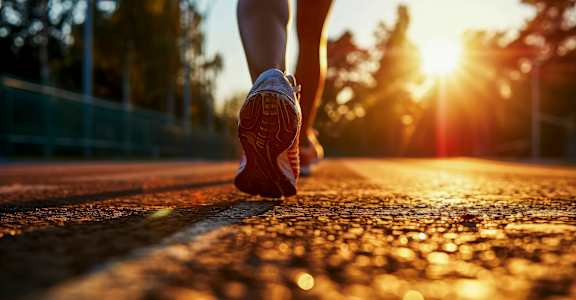 A person's foot is shown in a running shoe, captured during a sunrise or sunset.
