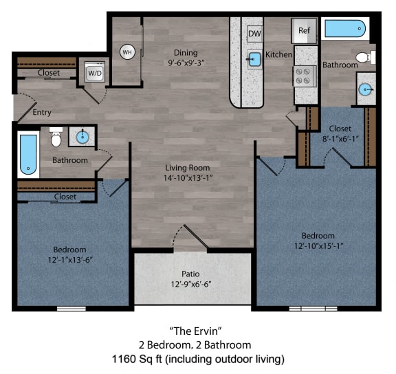 2 bed 2 bath floor plan at The Flats on Houk, Delaware, Ohio