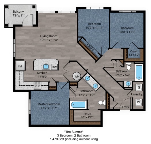 Floor Plan  3 bed 2 bath floorplan at The Flats at Summit Station, Pennsylvania