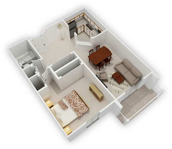 Minnetonka Hills - One Bedroom Apartment Floor Plan (3D)