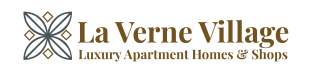 a white logo on a green background with the words la verne village luxury apartment homes and