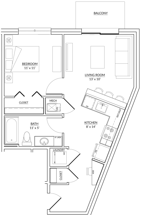 Wedgewood Style H - 1 bed, 1 bath apartment floor plan