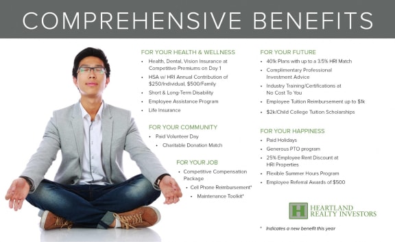 a man sitting in a yoga pose on a white background with text about comprehensive benefits