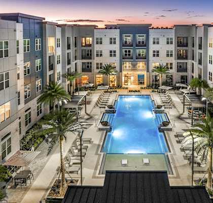 an overhead view of an apartment building with a swimming pool at The Overlook in Winter Garden, FL