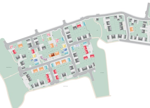 A map of a residential area with buildings in various colors.