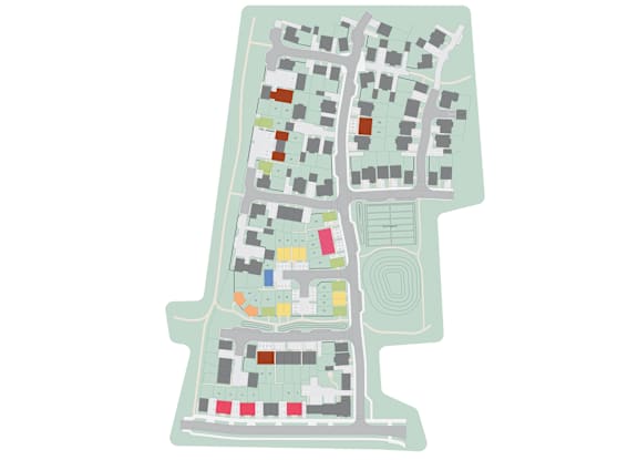 A map of a city with buildings and roads.