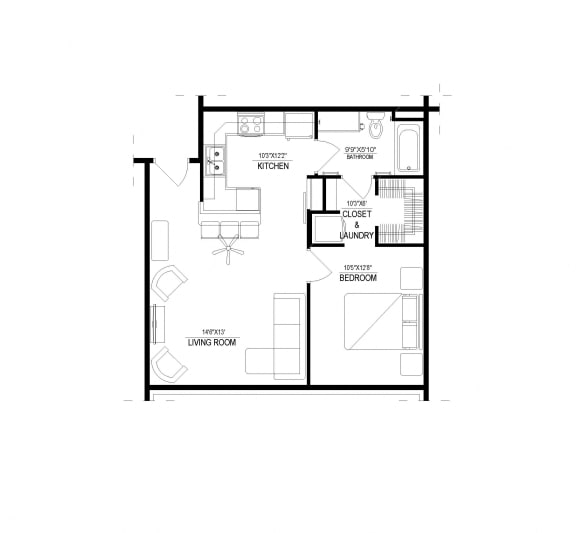1 Bed/1 Bath, Detached Garage, Floor Plan
