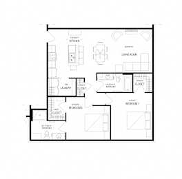 2 Bed/2 Bath Hallway Access Garage Floor Plan