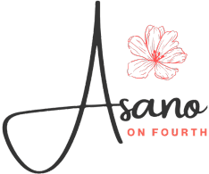 A logo with the text "Asano on Fourth" in black and red.