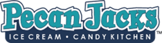 The image is a logo for a business named Pecan Jacks Ice Cream Candy Kitchen.