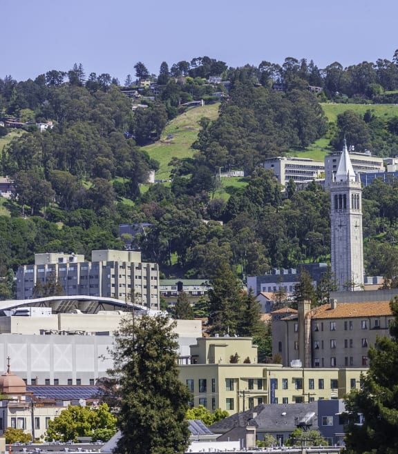 a church steeple in a city with trees and buildings