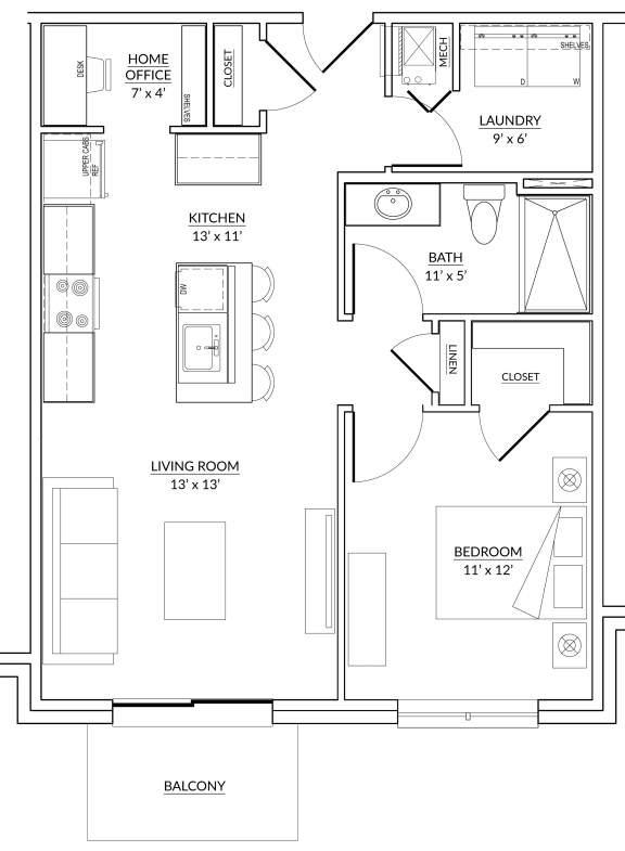 Wedgewood Style E - 1 bed, 1 bath apartment floor plan