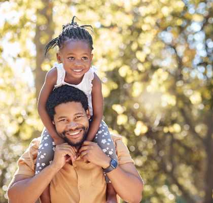 A man is carrying a little girl on his shoulders in a park.