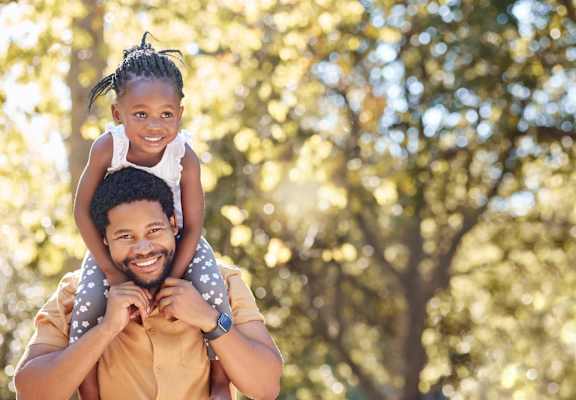 A man is carrying a little girl on his shoulders in a park.