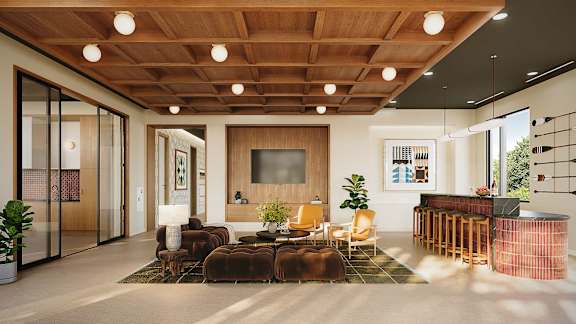 A modern living room with a wooden ceiling and a large sectional sofa.