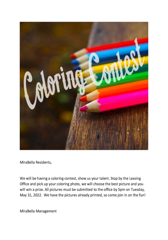 2022 coloring contest flyer at Mirabella Apartments, CA, 92203