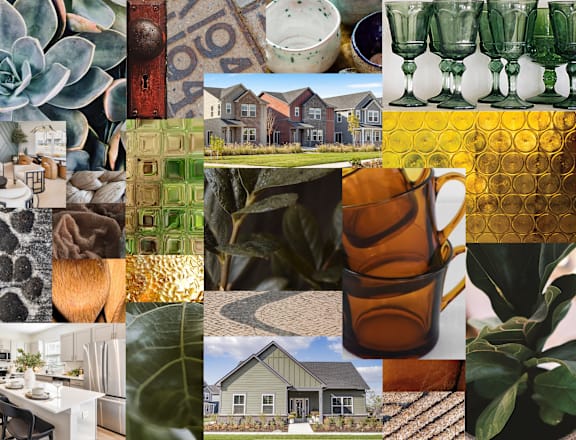 A collage of various images including plants, glasses, and houses.