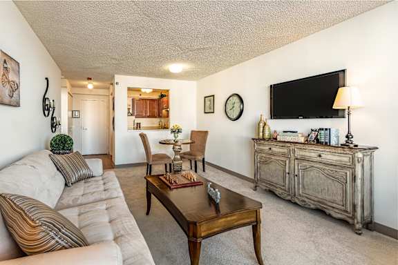 A living room with a couch, coffee table, and a television.