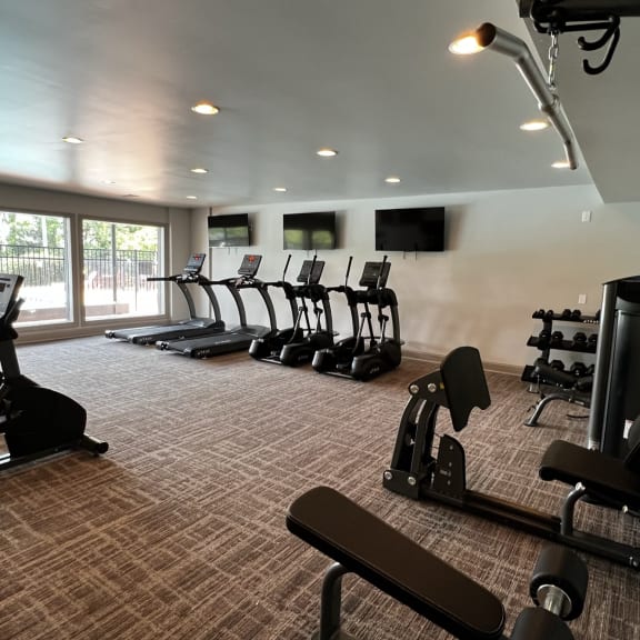 a large fitness room with cardio equipment and a large window