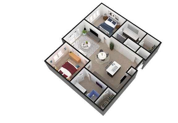 A 3D floor plan of a house with multiple rooms.