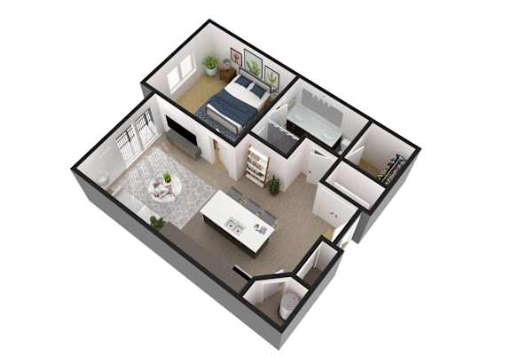 A 3D floor plan of a house with a bedroom, living room, kitchen, and bathroom.