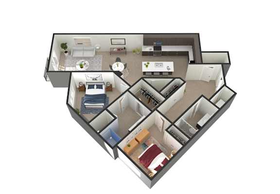 A 3D floor plan of a house with a kitchen, living room, and bedrooms.