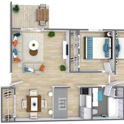 A top-down view of a house layout with a living room, kitchen, dining area, and bedrooms.