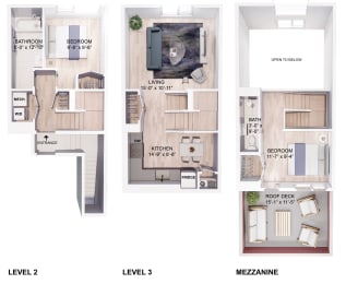 three floor plans of a house with a bedroom and a living room