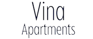 A black and white image of a sign that says Vina Apartments.