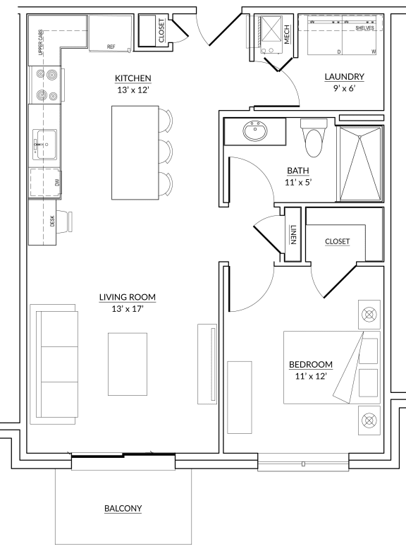 Wedgewood Style D - 1 bed, 1 bath apartment floor plan