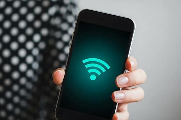 A person is holding a smartphone with a Wi-Fi symbol on the screen.