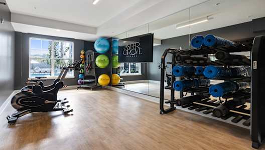 a home gym with weights and mirrors and a window